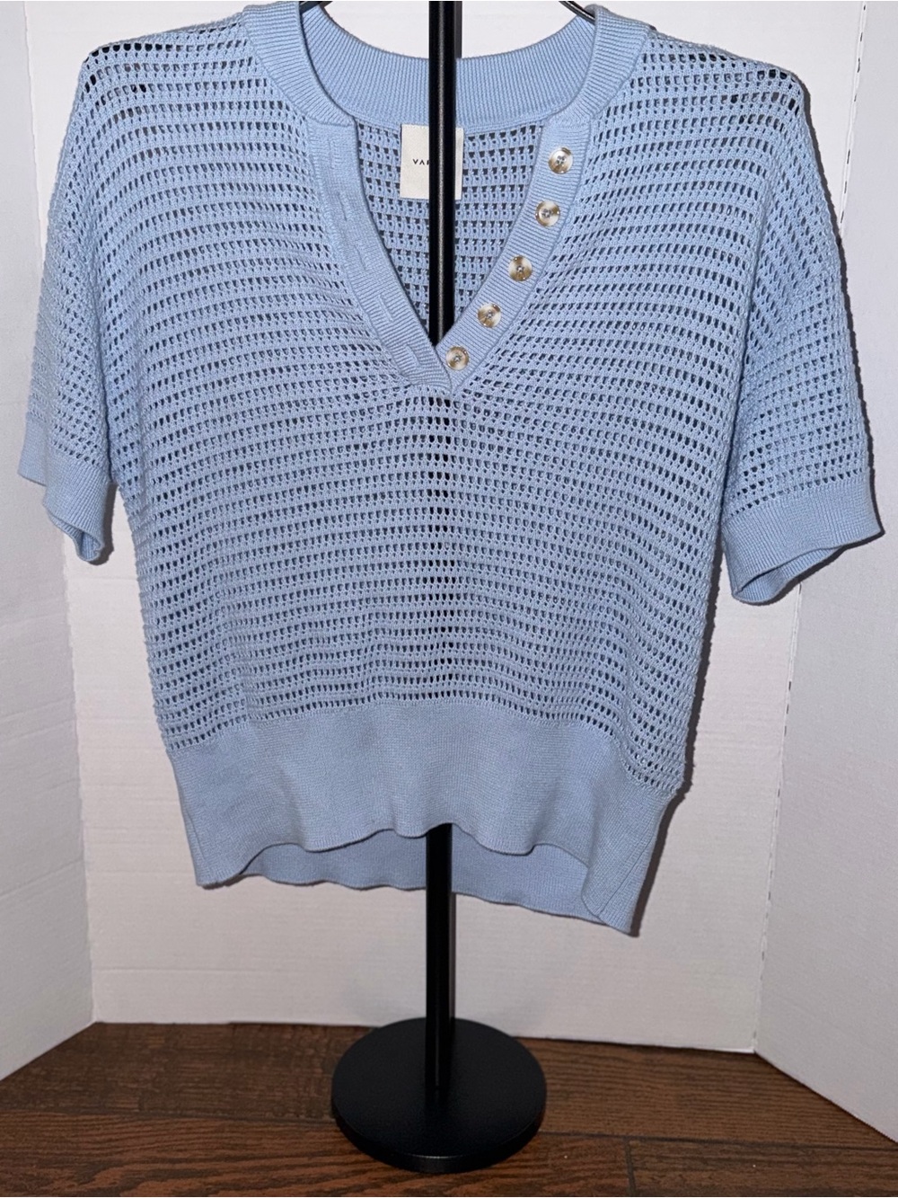 Varley Light Blue Open-Knit V-Neck Sweater with Button Detail